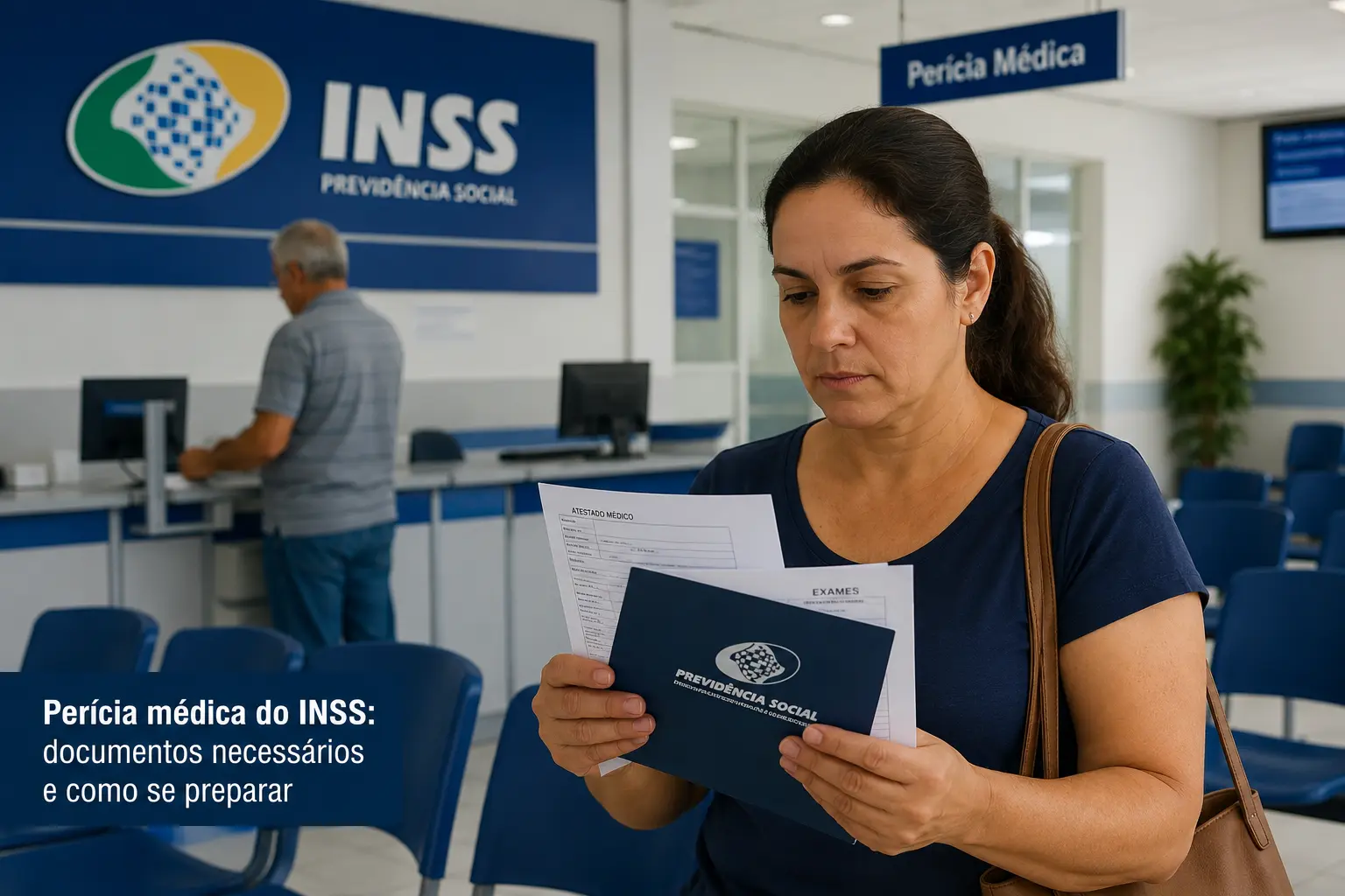 Pessoa analisando e organizando documentos para a perícia médica do INSS